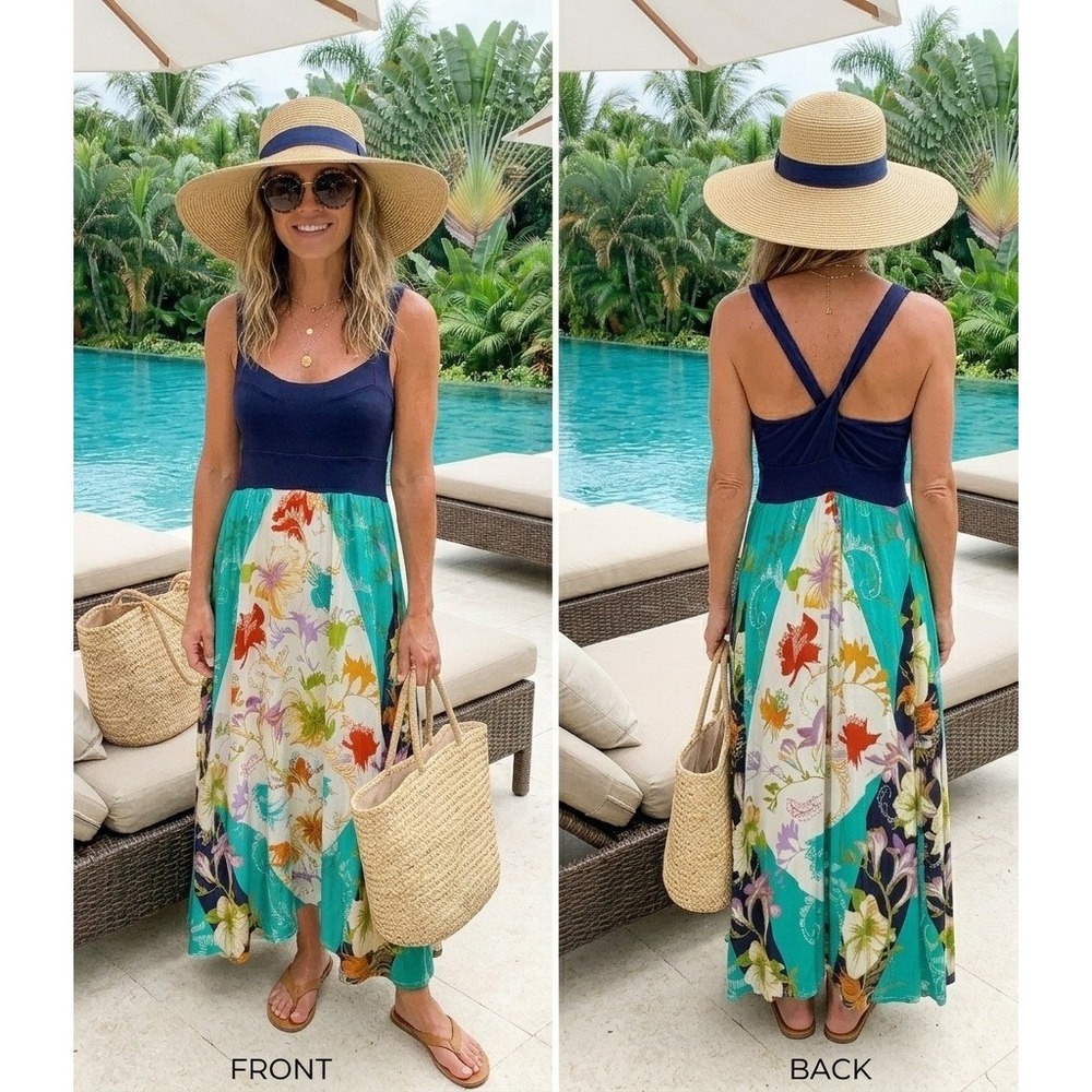 Ric Rac Anthropologie Floral Midi Dress Women XS Navy Multi Color‎